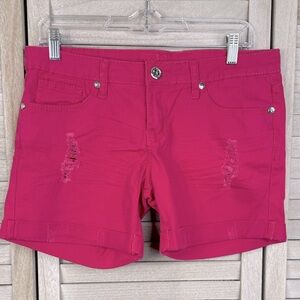 REIGN Hot Pink Distressed Stretchy Jean Shorts with Folded Hem & Rhinestones-9